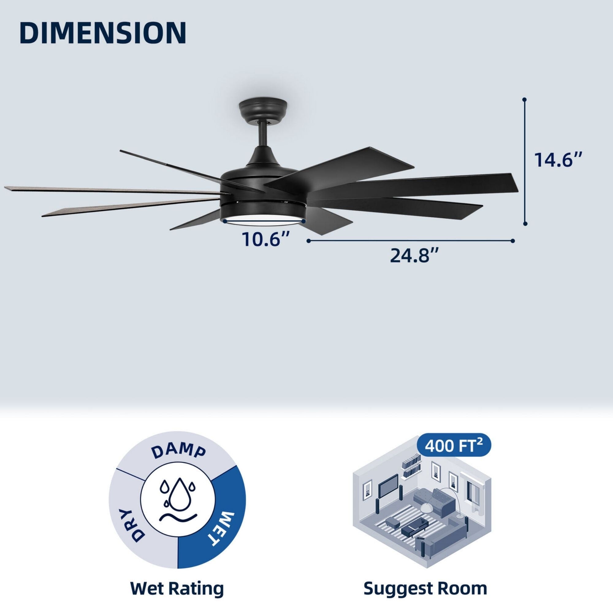 Ventilatore da soffitto Moasis nero opaco da 60 pollici a 8 pale con luce LED e telecomando - 60