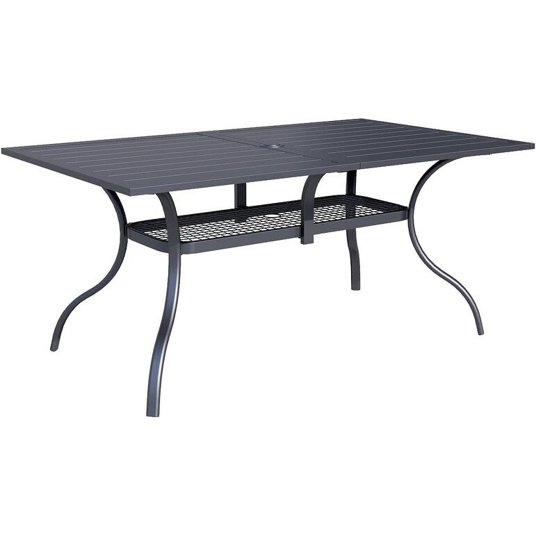 Tavolo da pranzo rettangolare in metallo con doghe per patio esterno 60 x 37 con foro per ombrellone per 6 persone