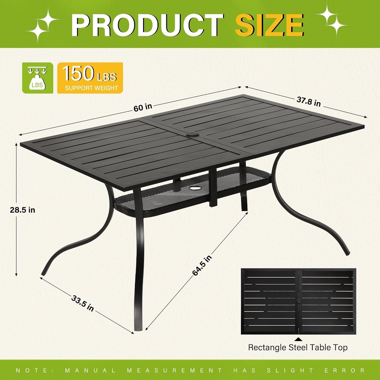 Tavolo da pranzo rettangolare in metallo con doghe per patio esterno 60 x 37 con foro per ombrellone per 6 persone