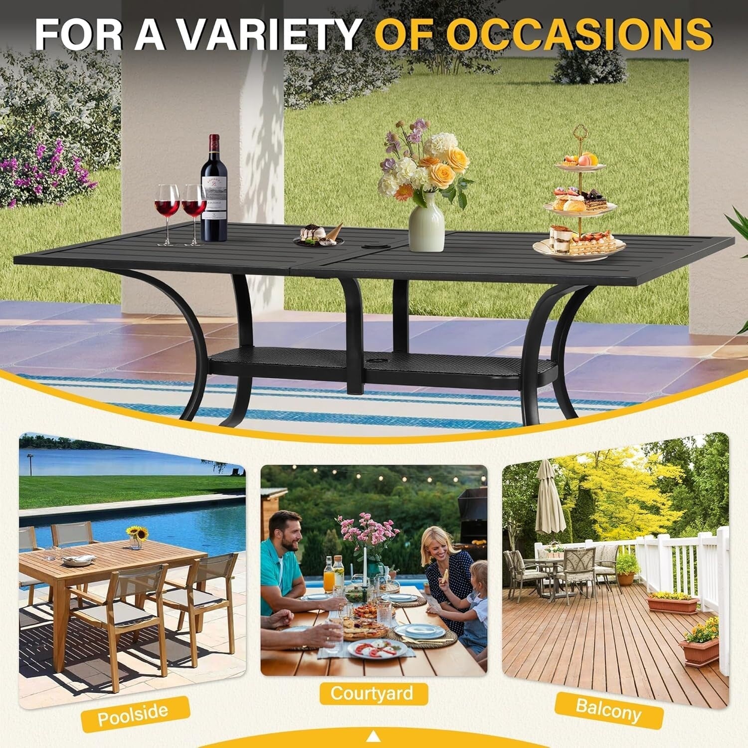 Tavolo da pranzo rettangolare in metallo con doghe per patio esterno 60 x 37 con foro per ombrellone per 6 persone