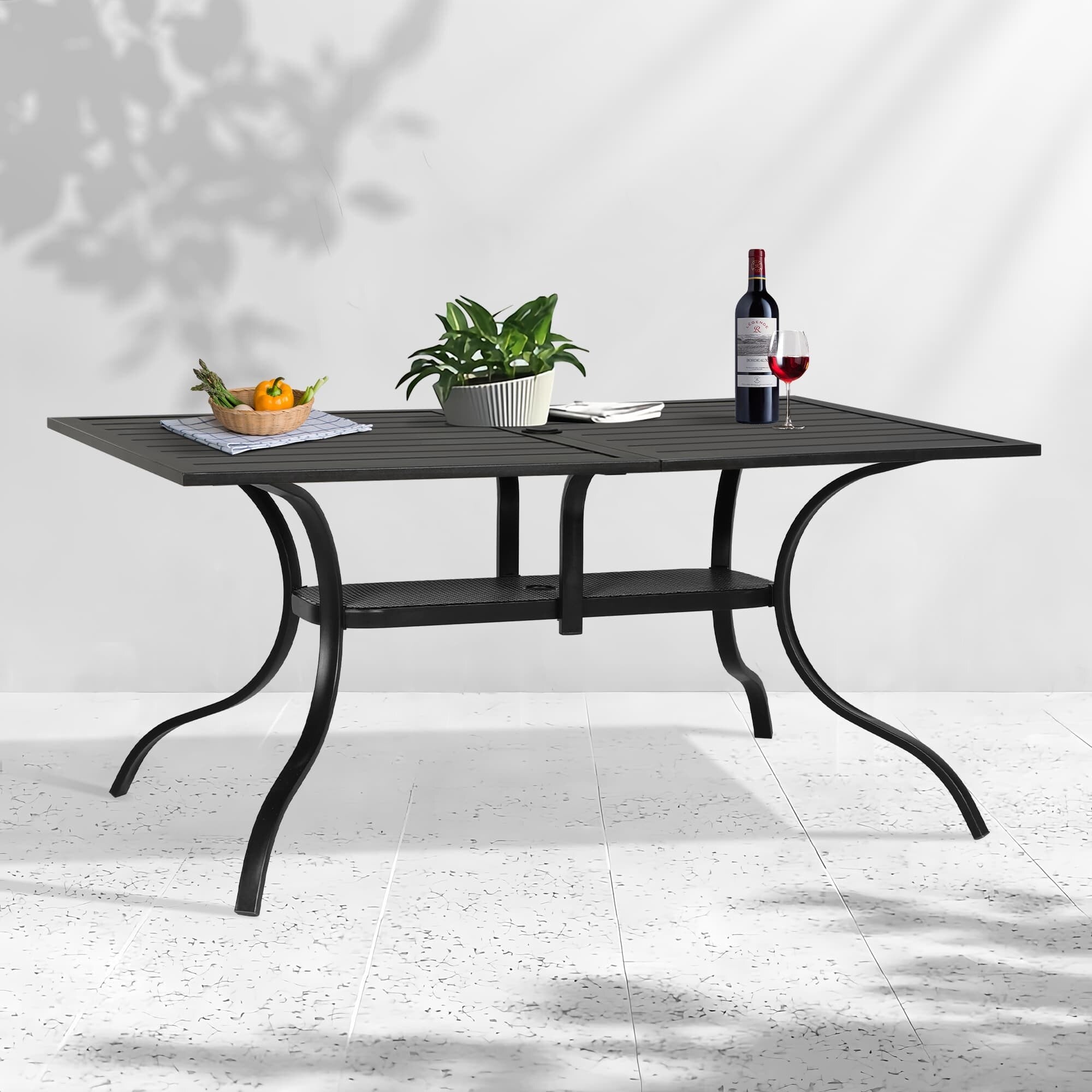 Tavolo da pranzo rettangolare in metallo con doghe per patio esterno 60 x 37 con foro per ombrellone per 6 persone