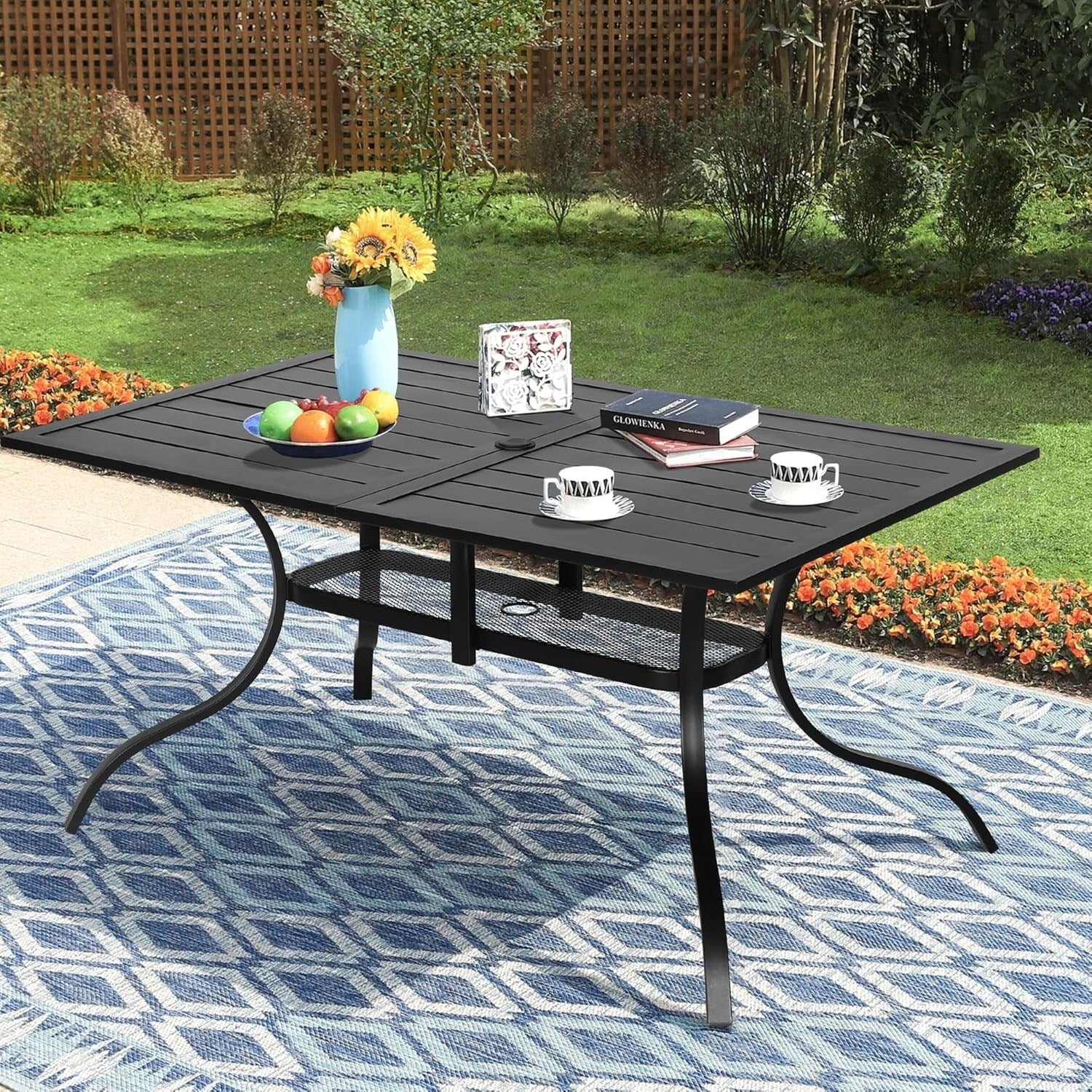 Tavolo da pranzo rettangolare in metallo con doghe per patio esterno 60 x 37 con foro per ombrellone per 6 persone