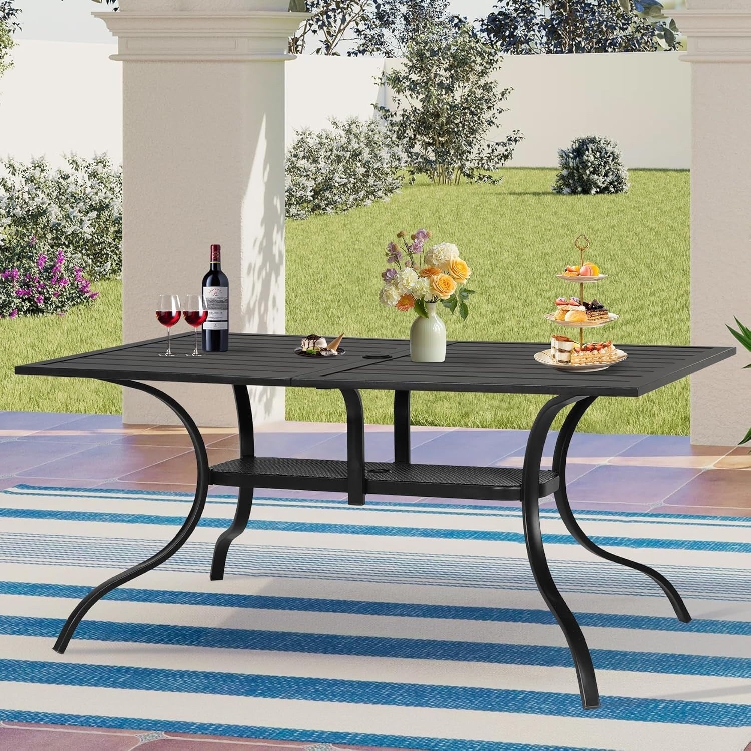 Tavolo da pranzo rettangolare in metallo con doghe per patio esterno 60 x 37 con foro per ombrellone per 6 persone