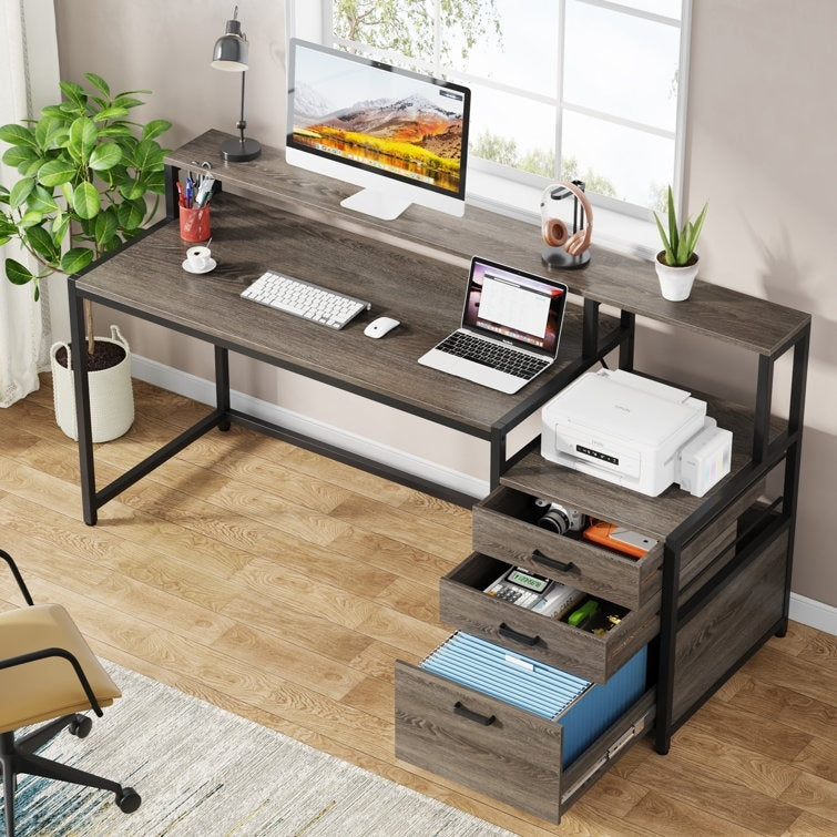 Scrivania per computer da 63 pollici con supporto per monitor, scrivanie ergonomiche per ufficio domestico con cassetti e schedario