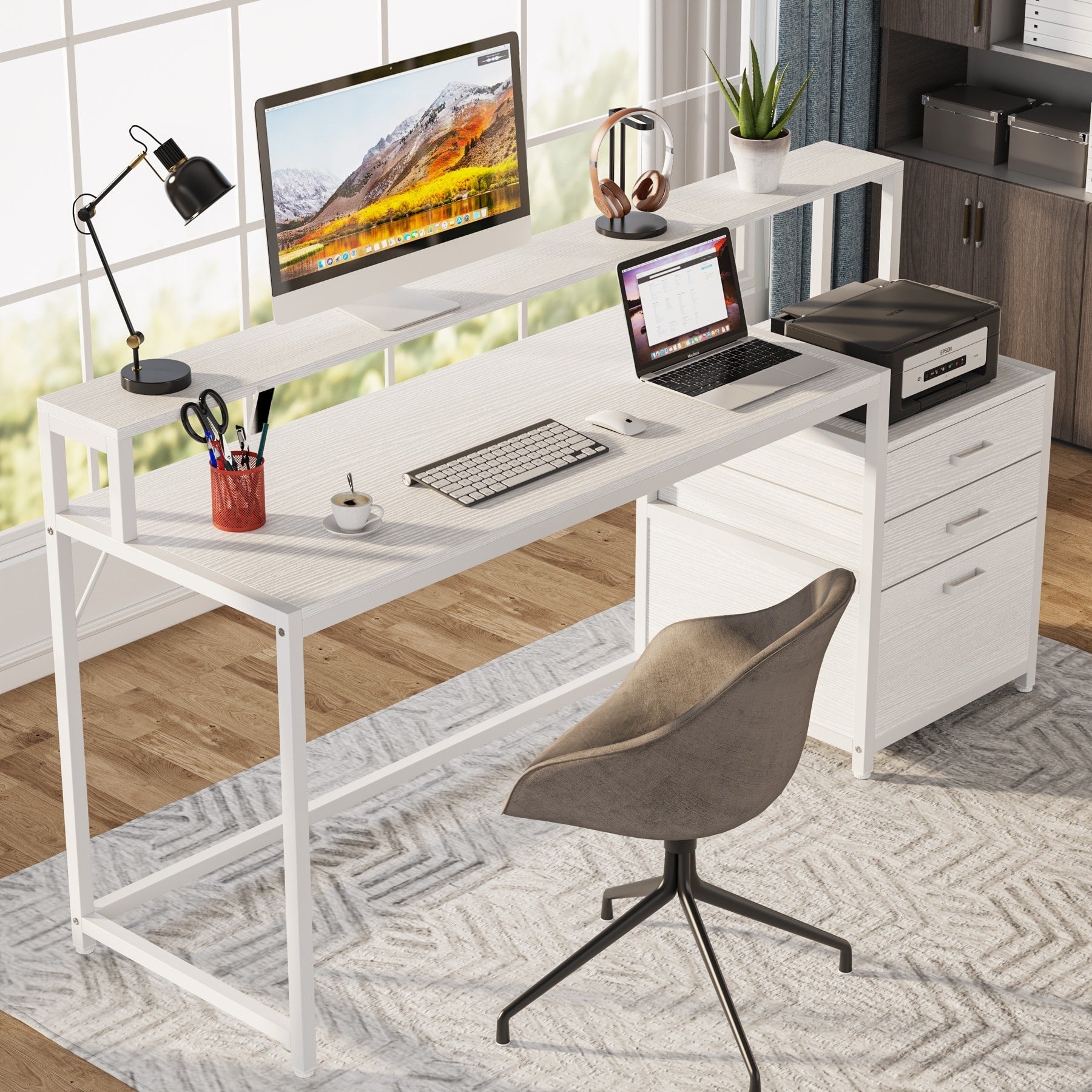 Scrivania per computer da 63 pollici con supporto per monitor, scrivanie ergonomiche per ufficio domestico con cassetti e schedario