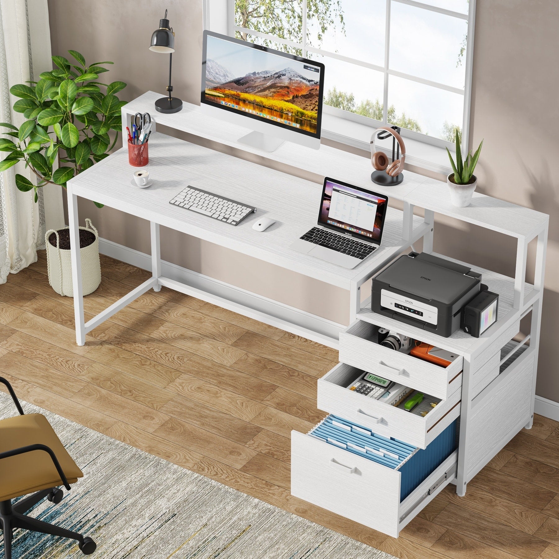 Scrivania per computer da 63 pollici con supporto per monitor, scrivanie ergonomiche per ufficio domestico con cassetti e schedario