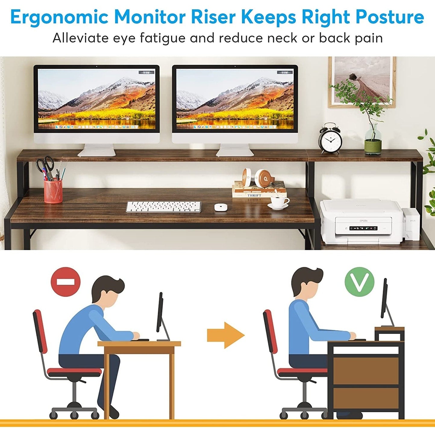 Scrivania per computer da 63 pollici con supporto per monitor, scrivanie ergonomiche per ufficio domestico con cassetti e schedario
