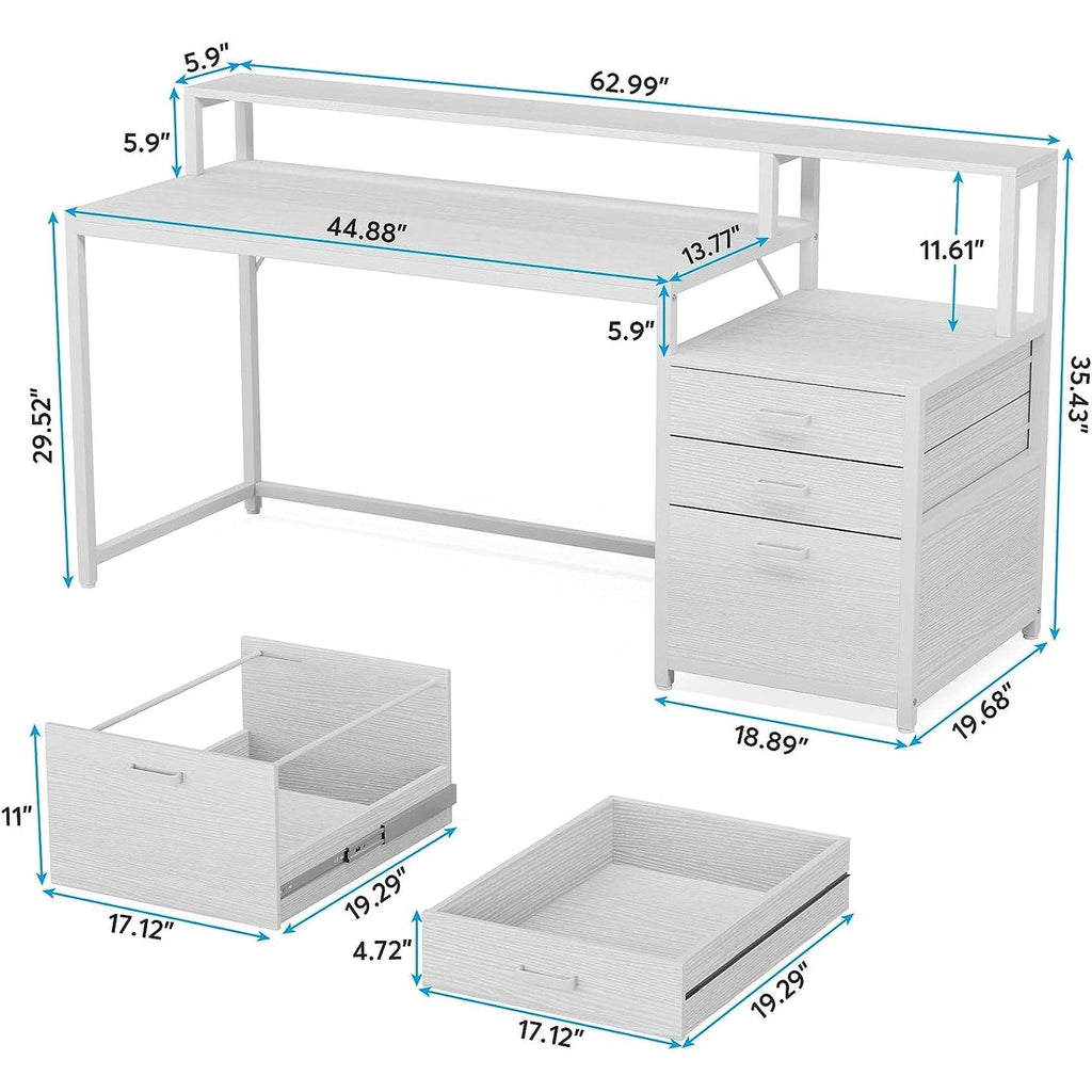 Scrivania per computer da 63 pollici con supporto per monitor, scrivanie ergonomiche per ufficio domestico con cassetti e schedario