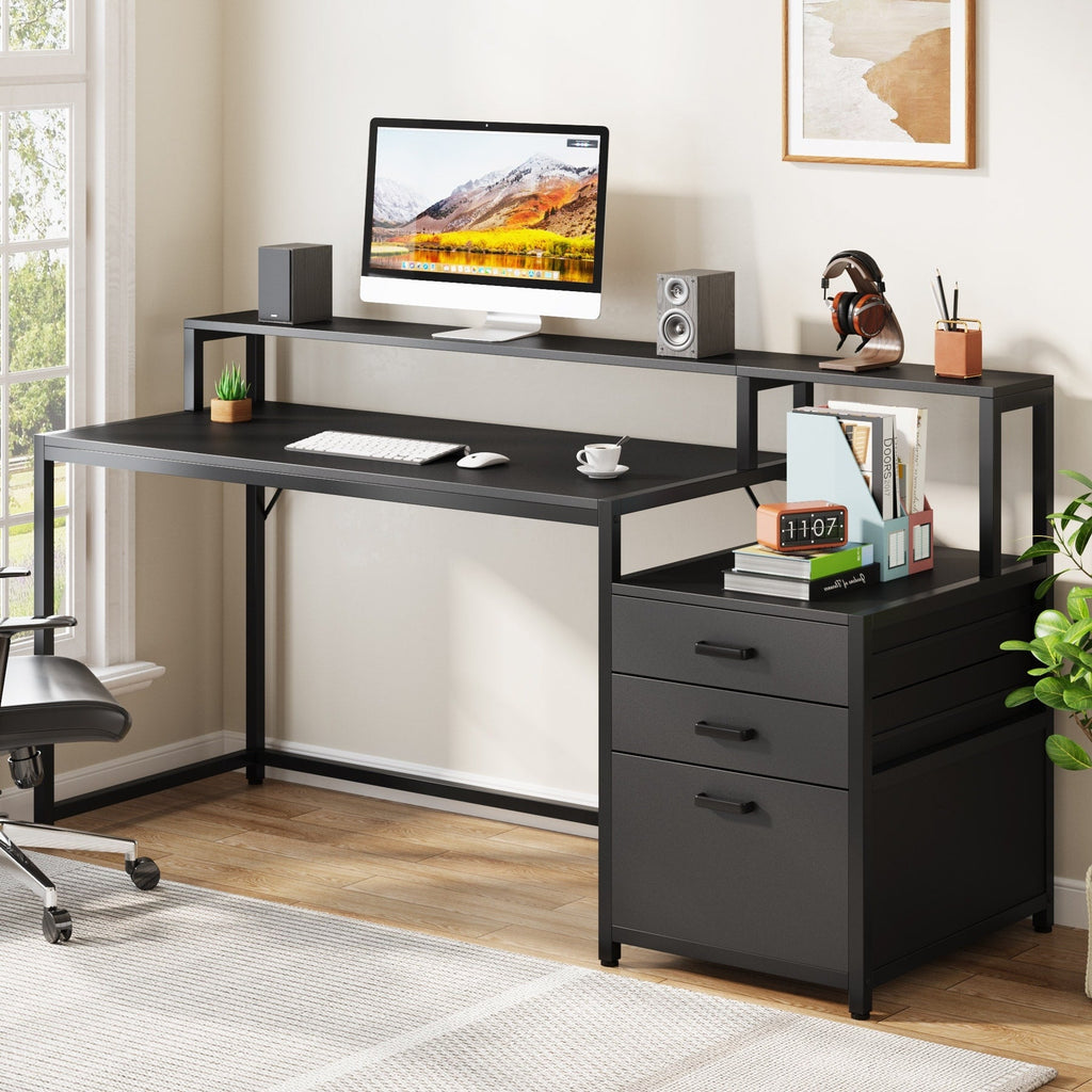 Scrivania per computer da 63 pollici con supporto per monitor, scrivanie ergonomiche per ufficio domestico con cassetti e schedario