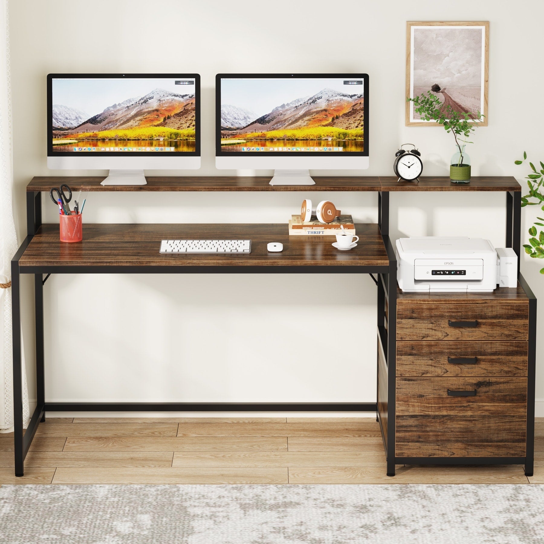 Scrivania per computer da 63 pollici con supporto per monitor, scrivanie ergonomiche per ufficio domestico con cassetti e schedario