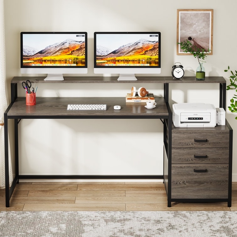 Scrivania per computer da 63 pollici con supporto per monitor, scrivanie ergonomiche per ufficio domestico con cassetti e schedario