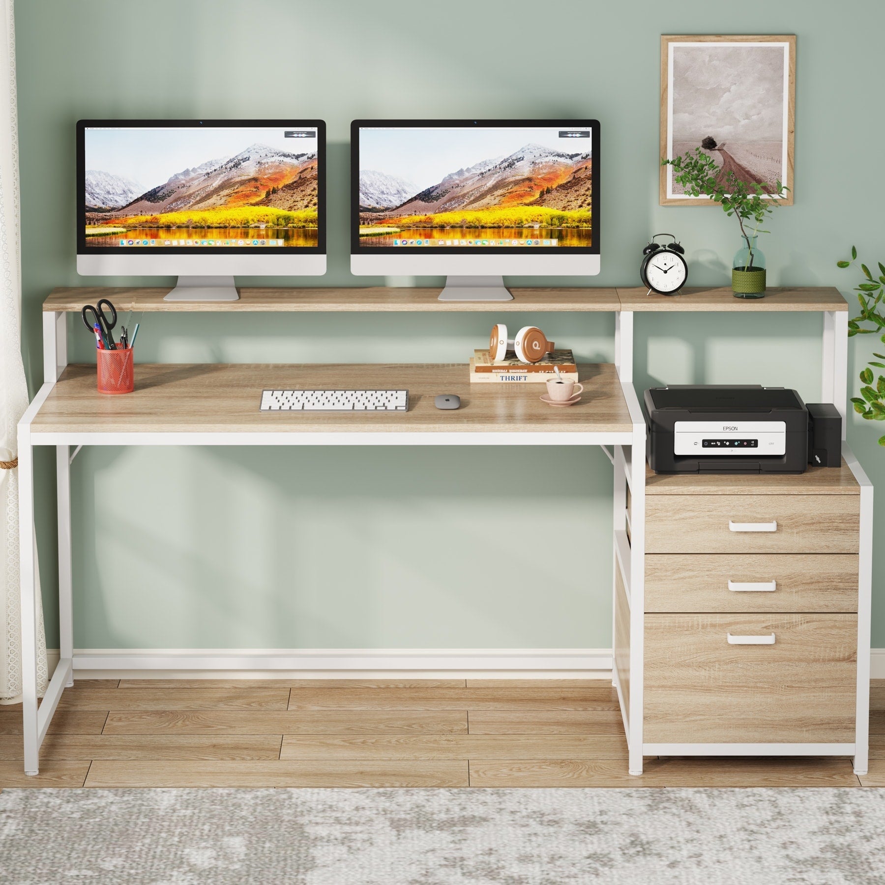 Scrivania per computer da 63 pollici con supporto per monitor, scrivanie ergonomiche per ufficio domestico con cassetti e schedario