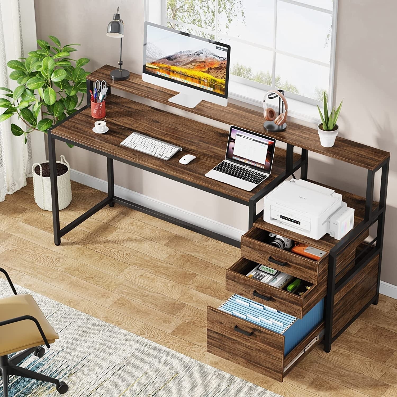 Scrivania per computer da 63 pollici con supporto per monitor, scrivanie ergonomiche per ufficio domestico con cassetti e schedario