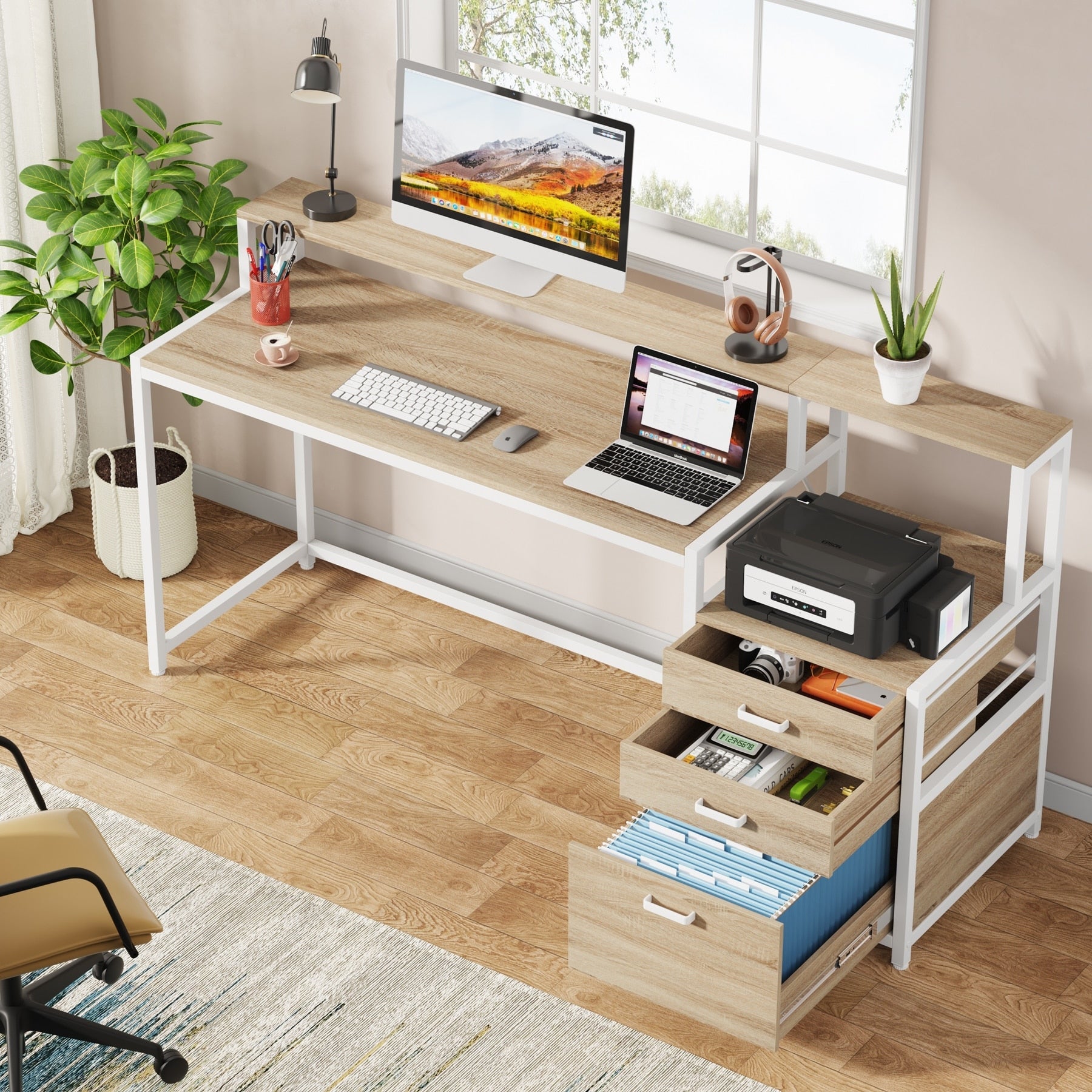 Scrivania per computer da 63 pollici con supporto per monitor, scrivanie ergonomiche per ufficio domestico con cassetti e schedario