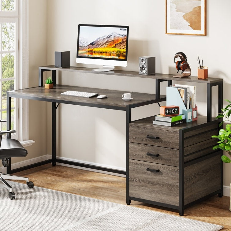 Scrivania per computer da 63 pollici con supporto per monitor, scrivanie ergonomiche per ufficio domestico con cassetti e schedario