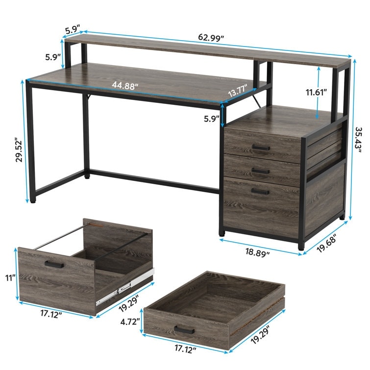 Scrivania per computer da 63 pollici con supporto per monitor, scrivanie ergonomiche per ufficio domestico con cassetti e schedario