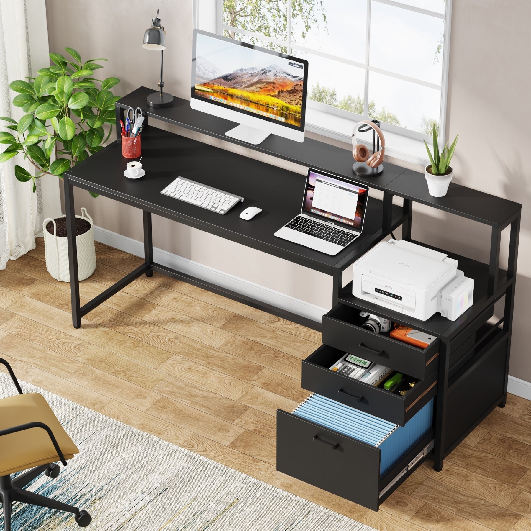 Scrivania per computer da 63 pollici con supporto per monitor, scrivanie ergonomiche per ufficio domestico con cassetti e schedario