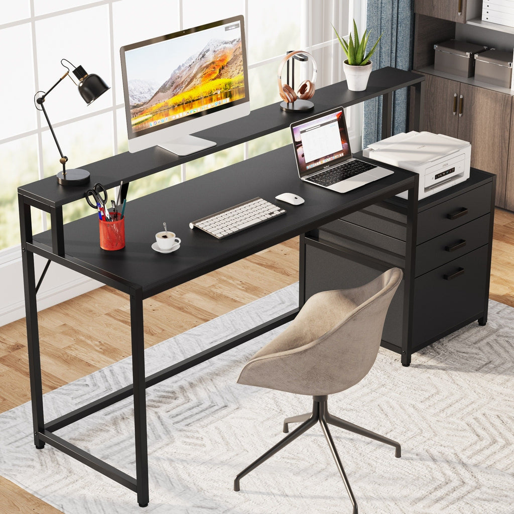 Scrivania per computer da 63 pollici con supporto per monitor, scrivanie ergonomiche per ufficio domestico con cassetti e schedario