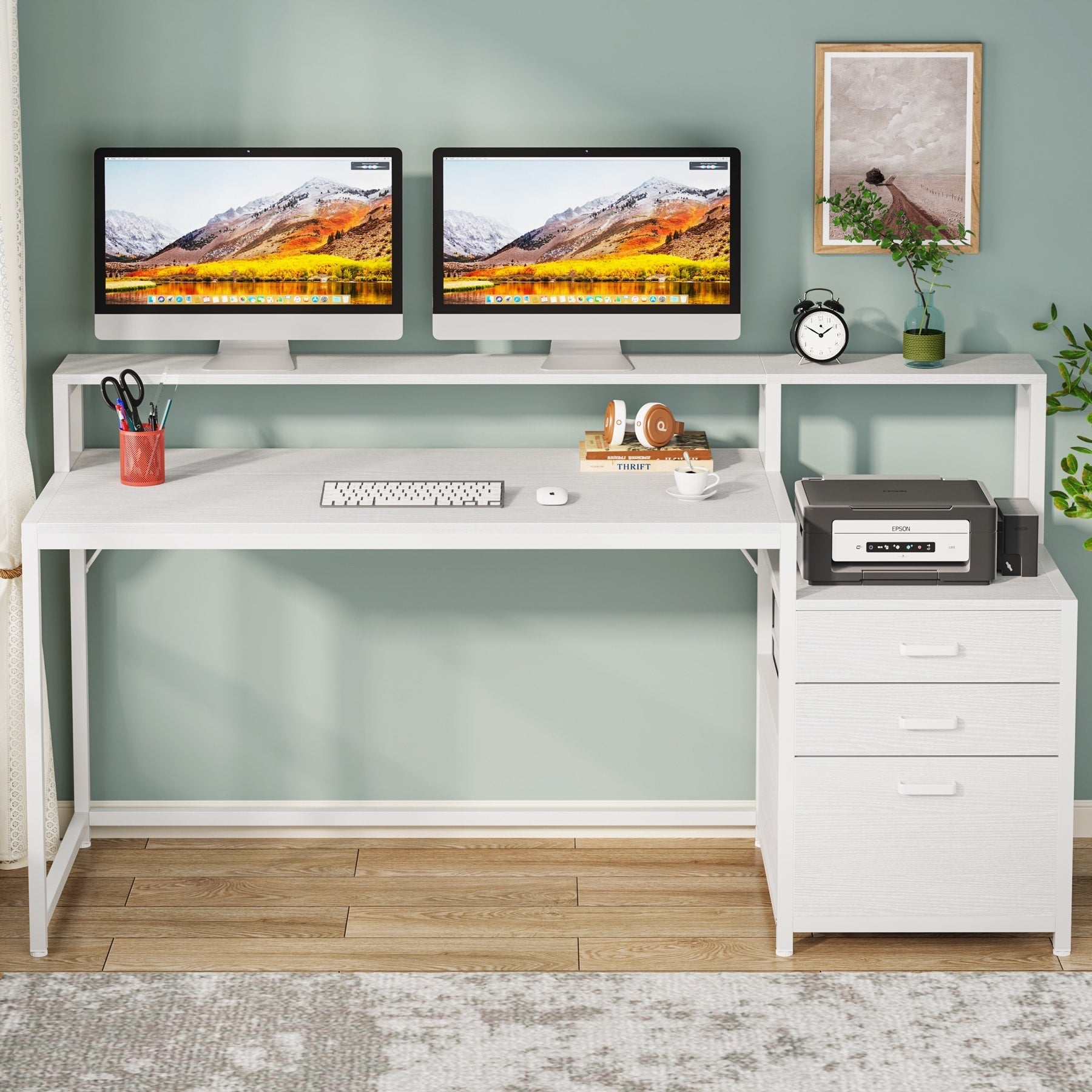 Scrivania per computer da 63 pollici con supporto per monitor, scrivanie ergonomiche per ufficio domestico con cassetti e schedario