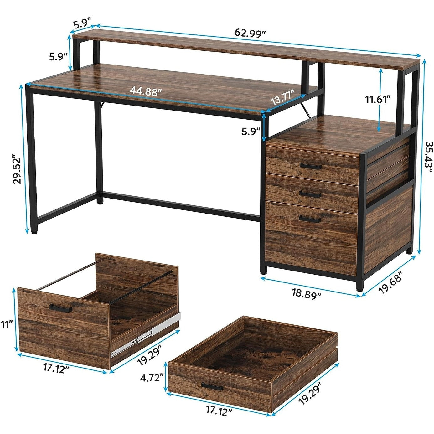 Scrivania per computer da 63 pollici con supporto per monitor, scrivanie ergonomiche per ufficio domestico con cassetti e schedario