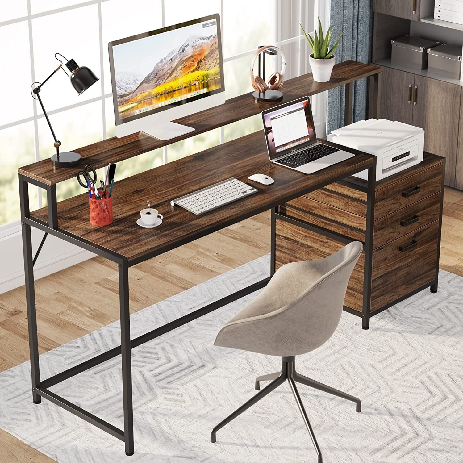 Scrivania per computer da 63 pollici con supporto per monitor, scrivanie ergonomiche per ufficio domestico con cassetti e schedario