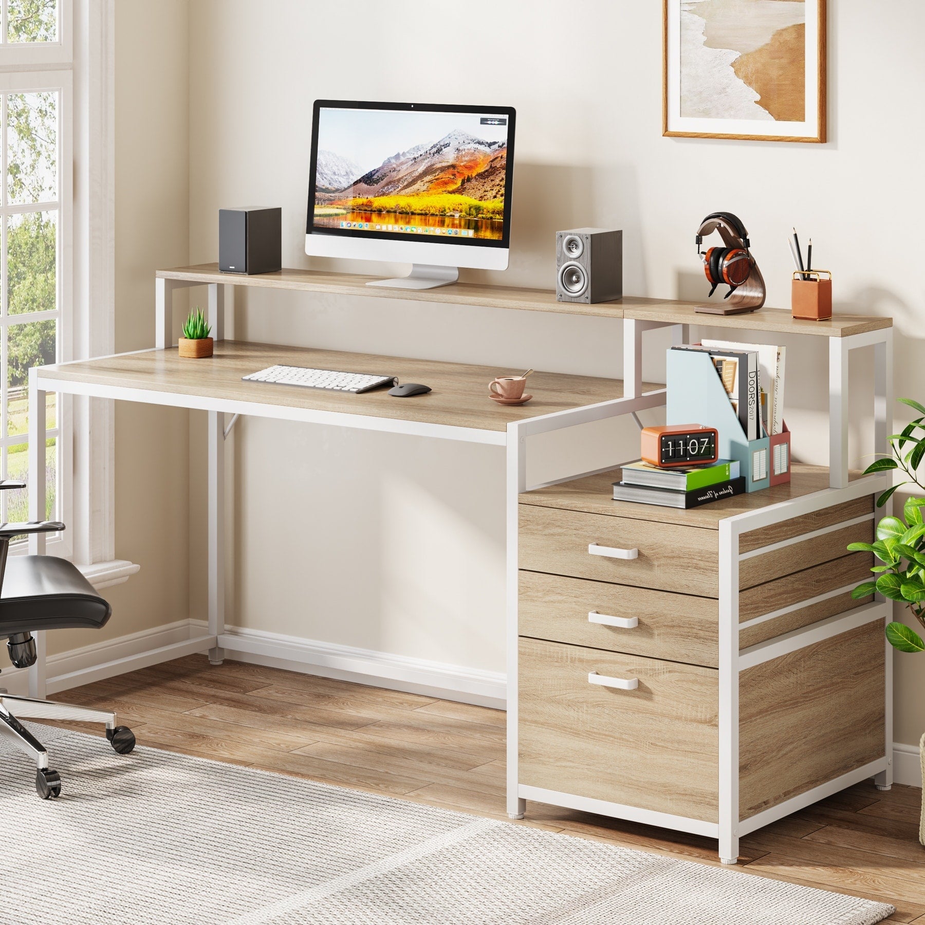 Scrivania per computer da 63 pollici con supporto per monitor, scrivanie ergonomiche per ufficio domestico con cassetti e schedario