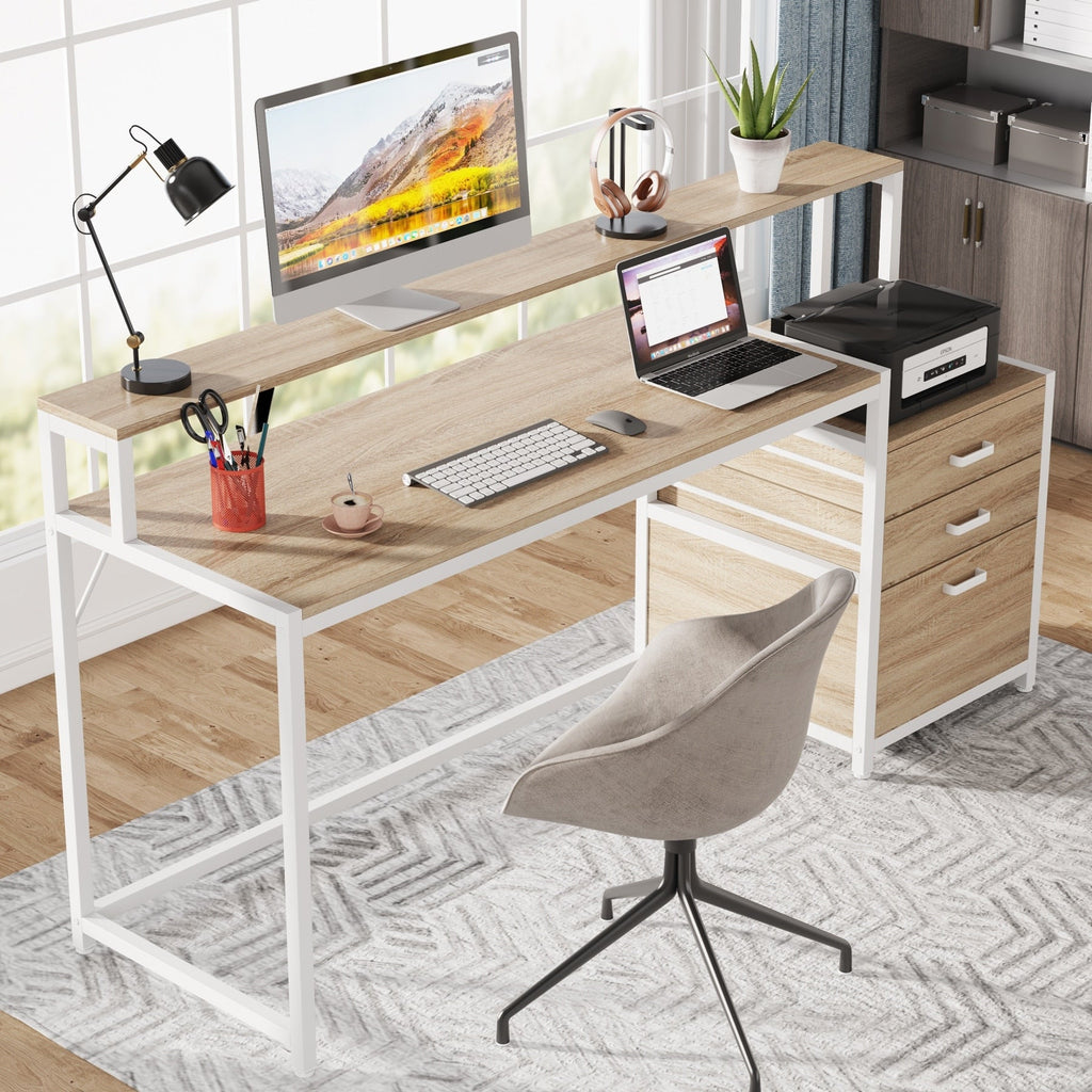 Scrivania per computer da 63 pollici con supporto per monitor, scrivanie ergonomiche per ufficio domestico con cassetti e schedario