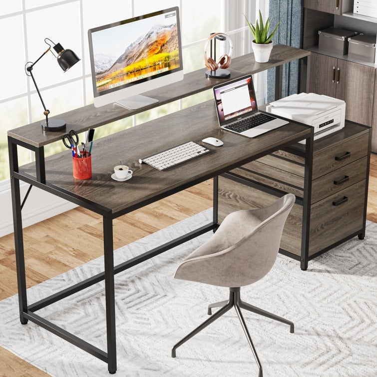 Scrivania per computer da 63 pollici con supporto per monitor, scrivanie ergonomiche per ufficio domestico con cassetti e schedario