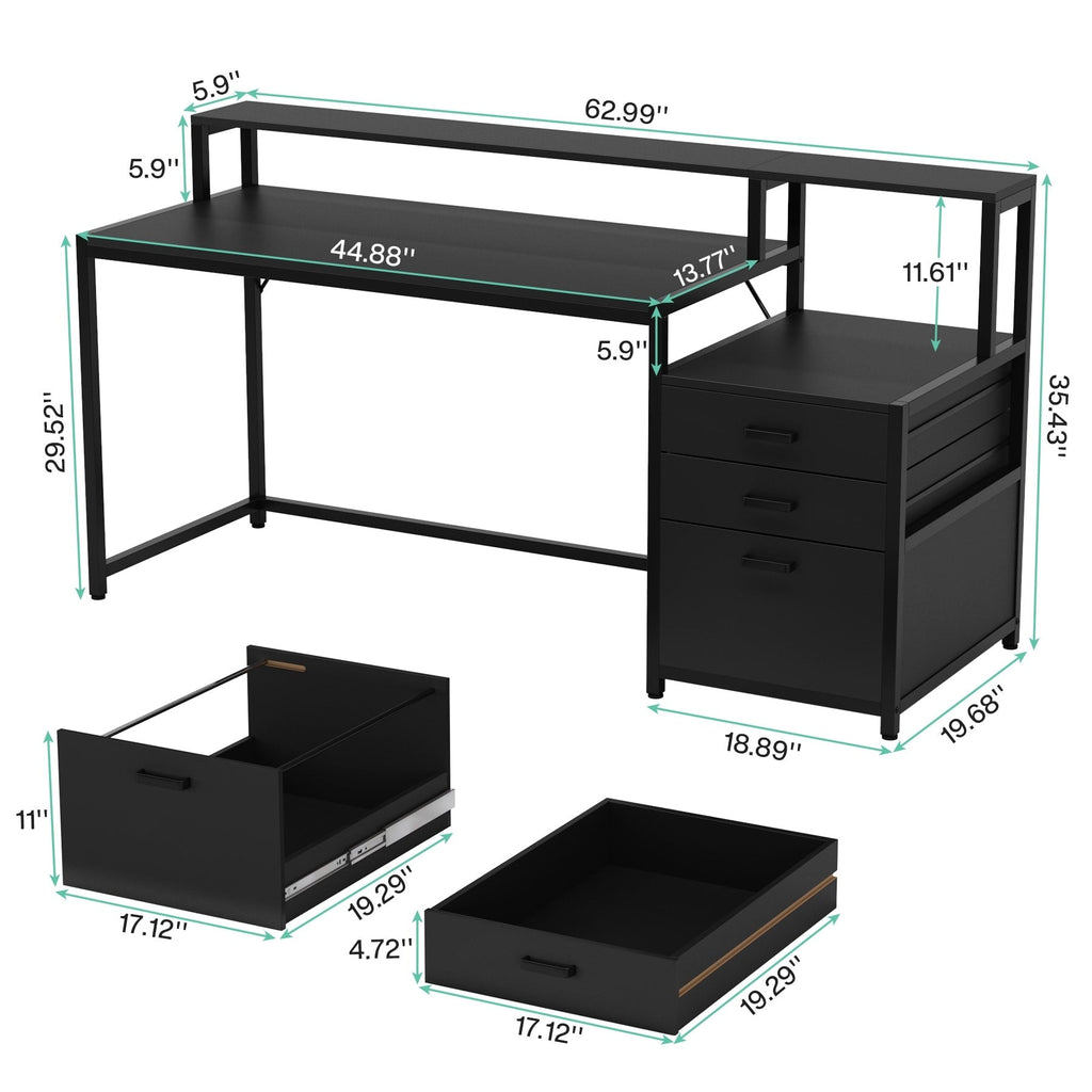 Scrivania per computer da 63 pollici con supporto per monitor, scrivanie ergonomiche per ufficio domestico con cassetti e schedario