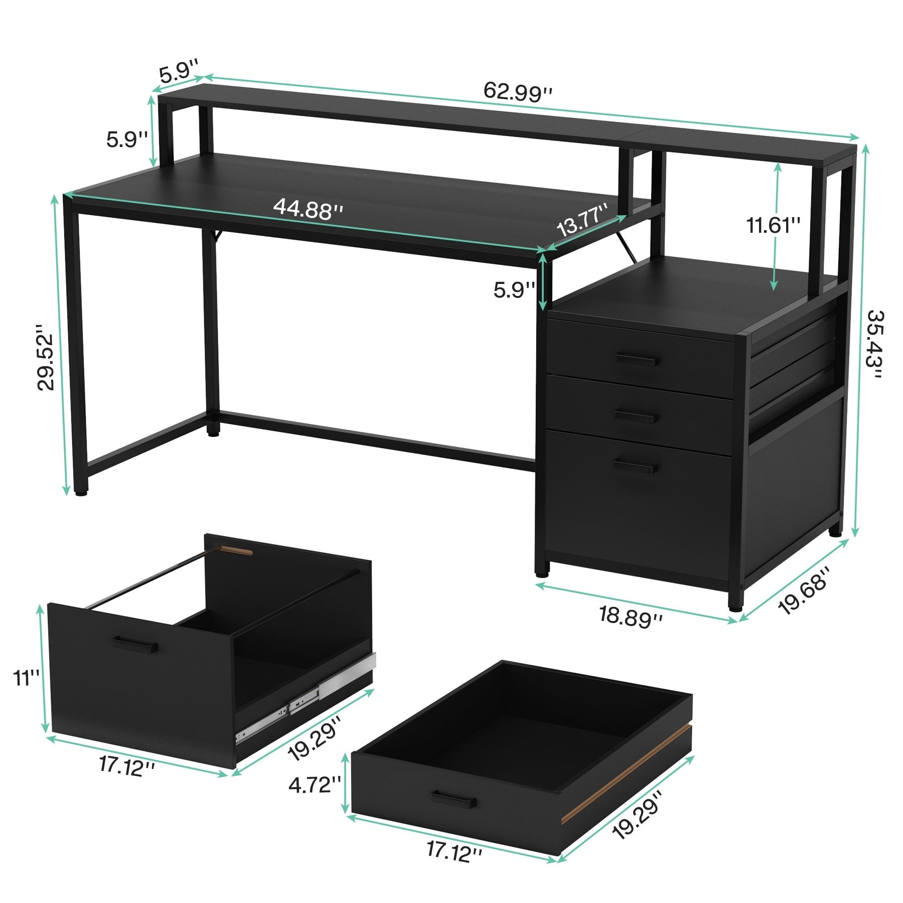 Scrivania per computer da 63 pollici con supporto per monitor, scrivanie ergonomiche per ufficio domestico con cassetti e schedario
