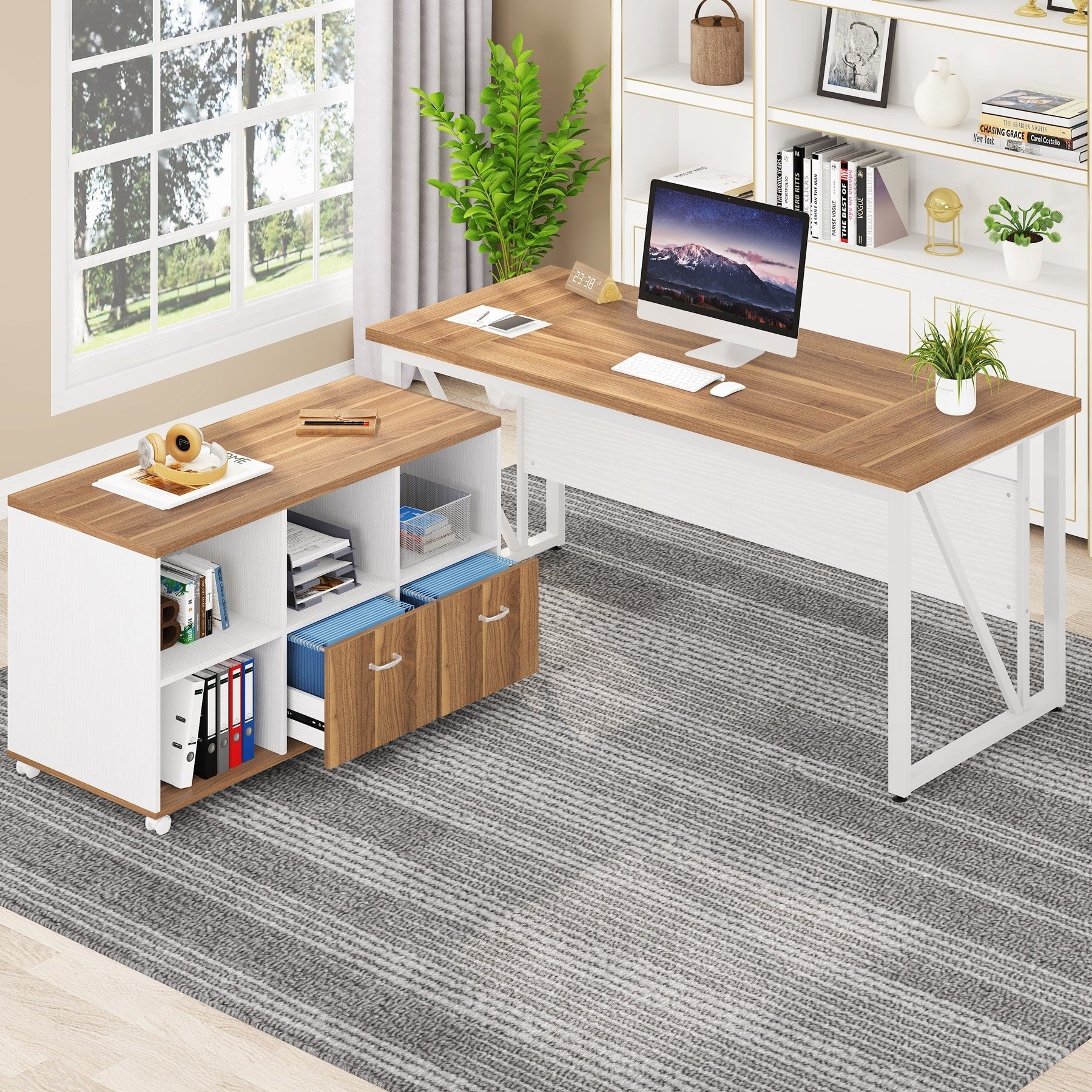 Scrivania per computer a L da 63 pollici con schedario laterale da 47 pollici, scrivania direzionale per ufficio domestico, set di scrivania