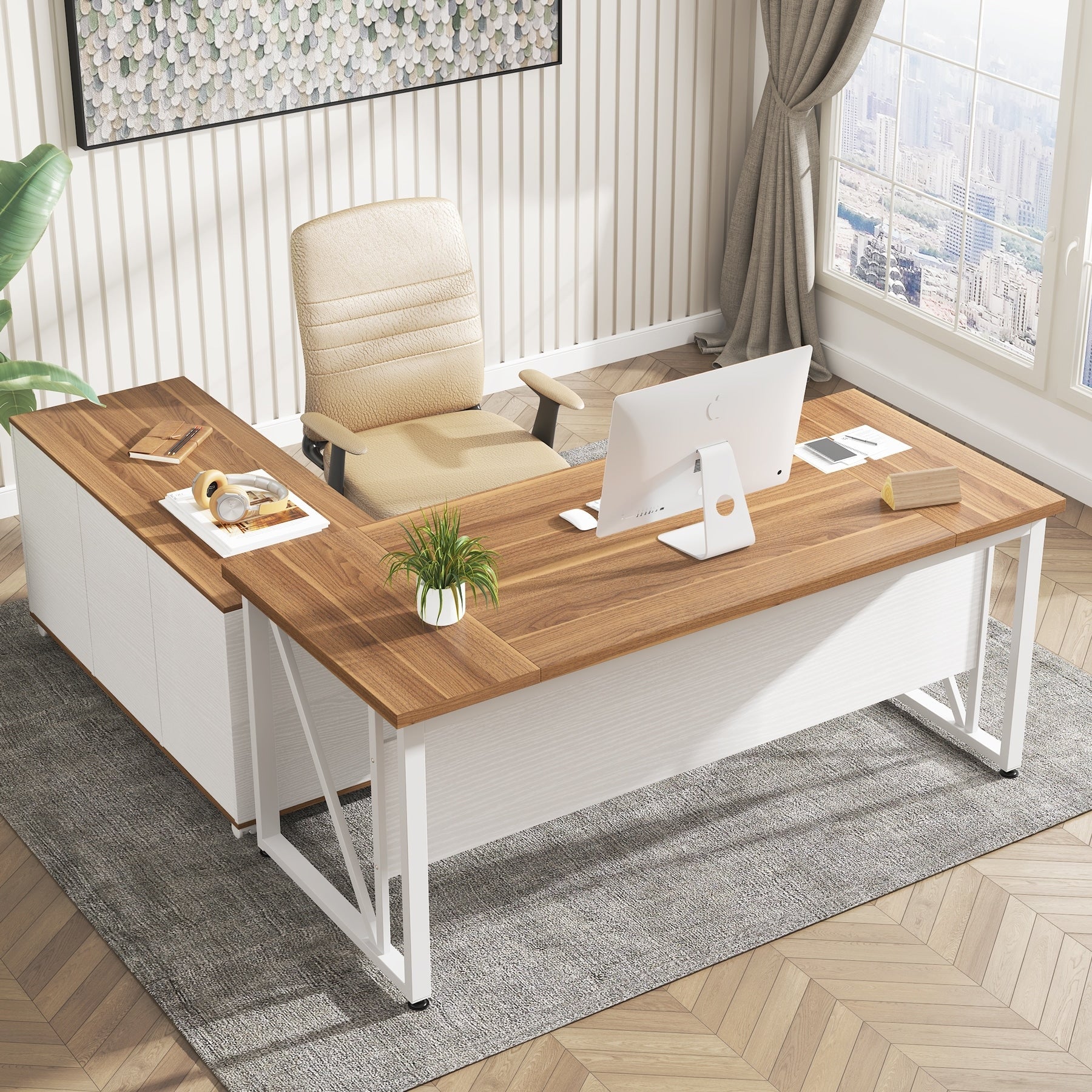 Scrivania per computer a L da 63 pollici con schedario laterale da 47 pollici, scrivania direzionale per ufficio domestico, set di scrivania