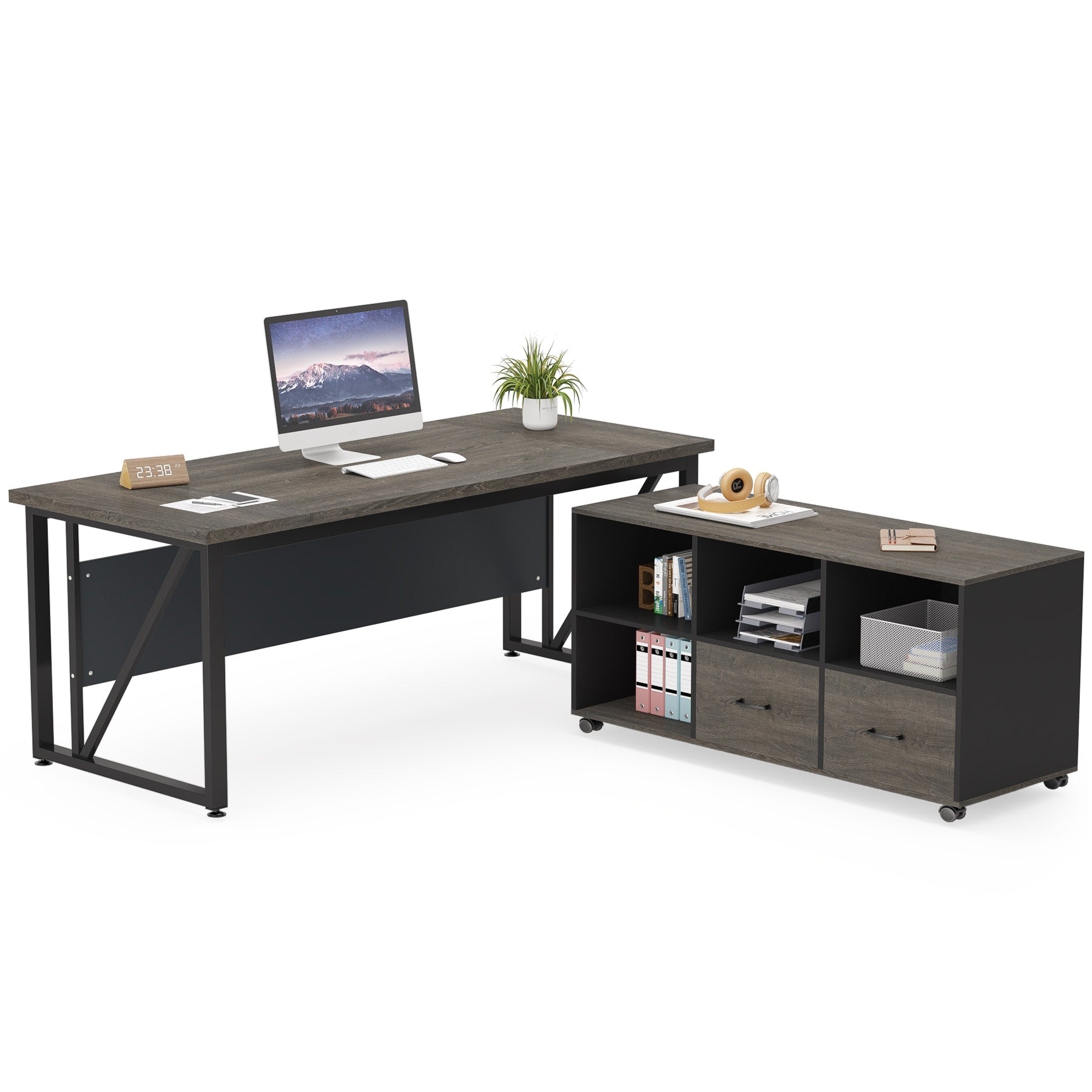 Scrivania per computer a L da 63 pollici con schedario laterale da 47 pollici, scrivania direzionale per ufficio domestico, set di scrivania