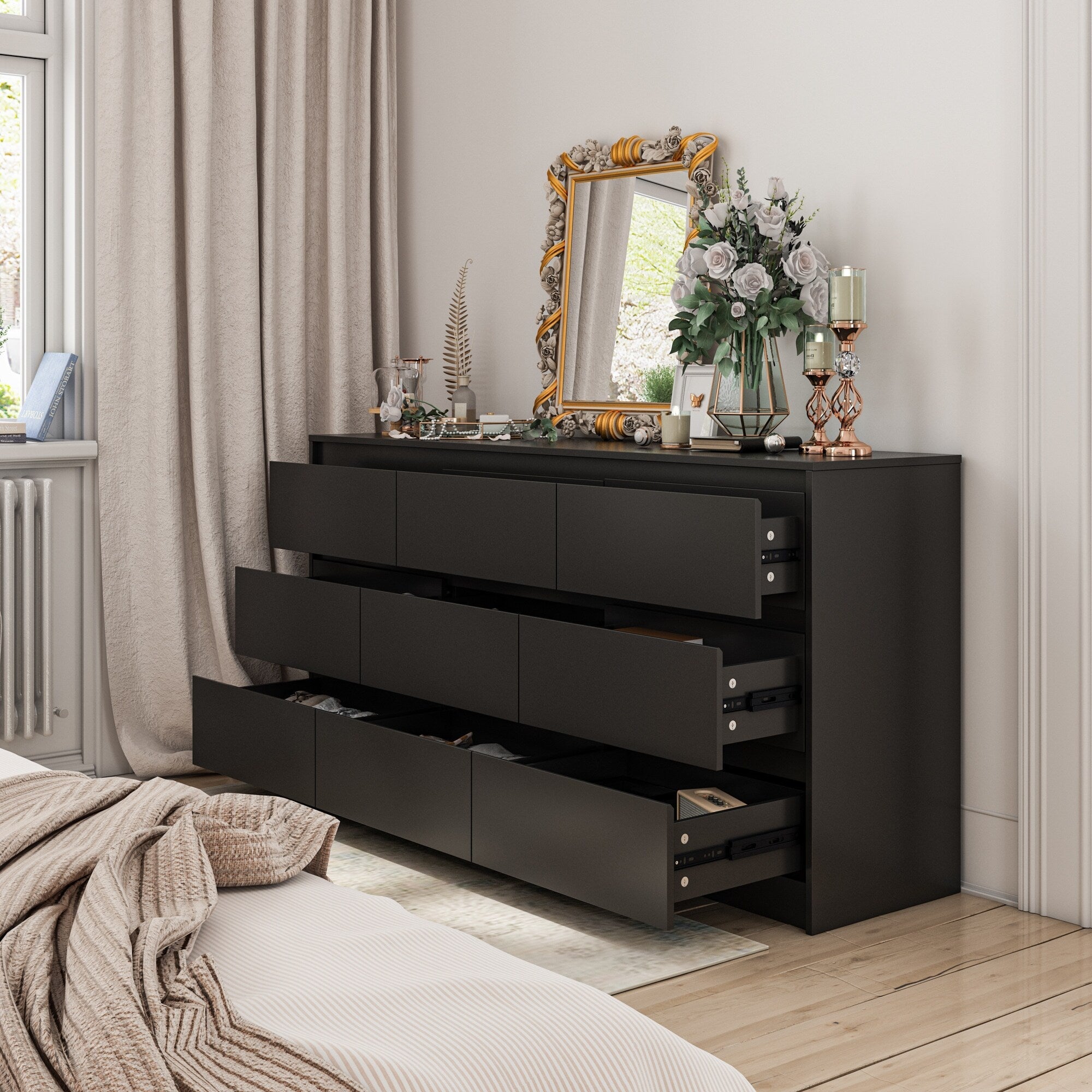 Cassettiera con 9 cassetti da 63 W, cassettiera decorativa per soggiorno, camera da letto
