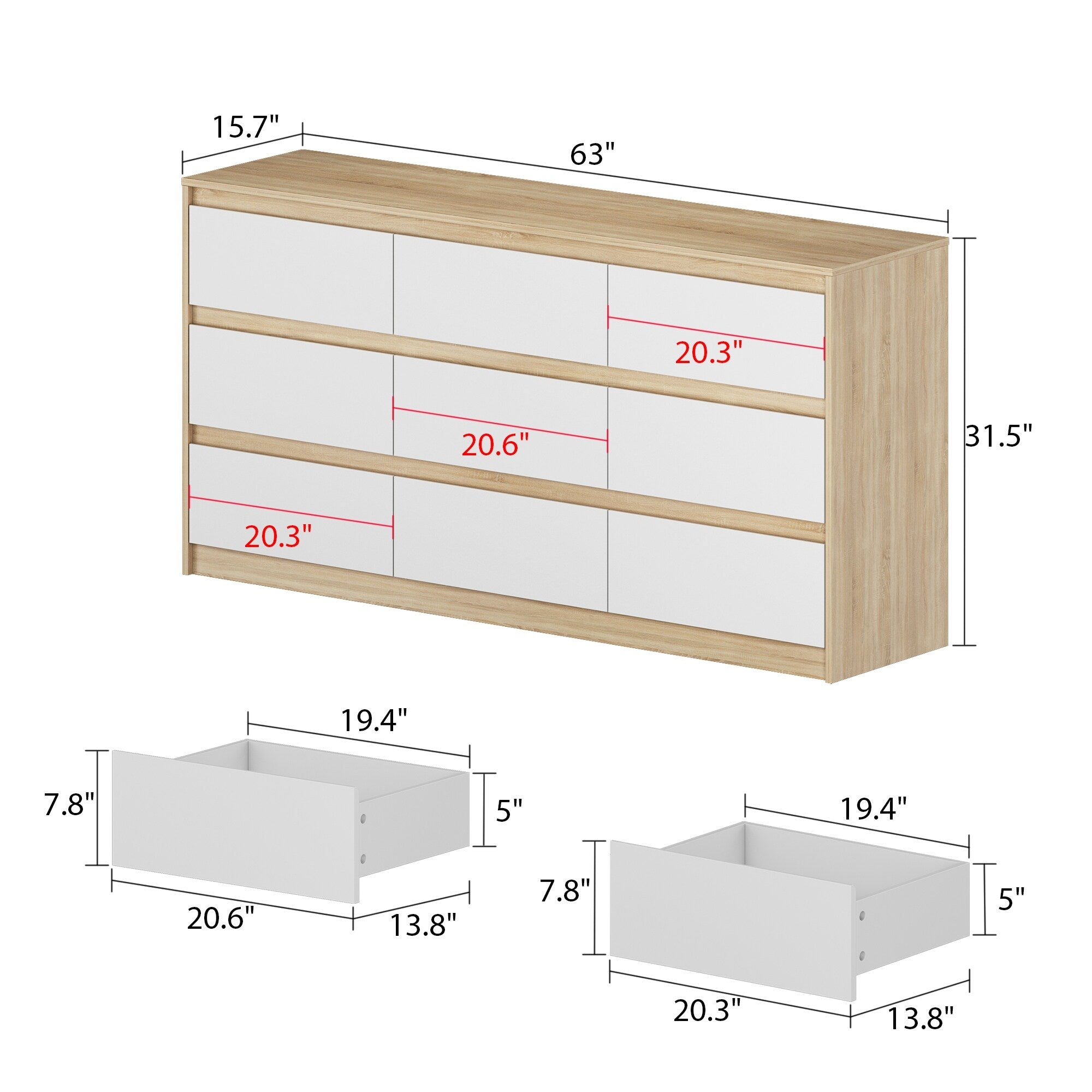 Cassettiera con 9 cassetti da 63 W, cassettiera decorativa per soggiorno, camera da letto
