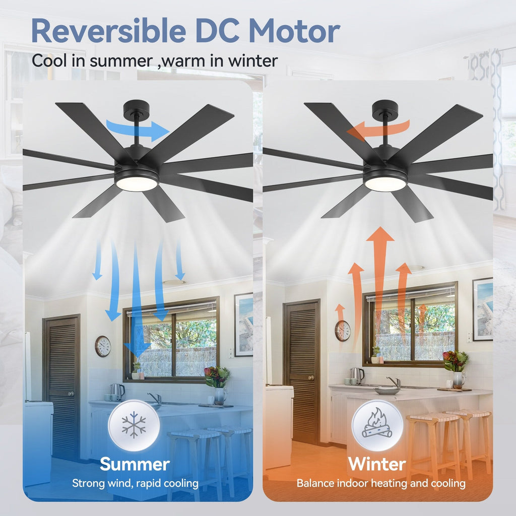 Ventilatore da soffitto a LED nero da 65 pollici a 8 pale con luce e telecomando