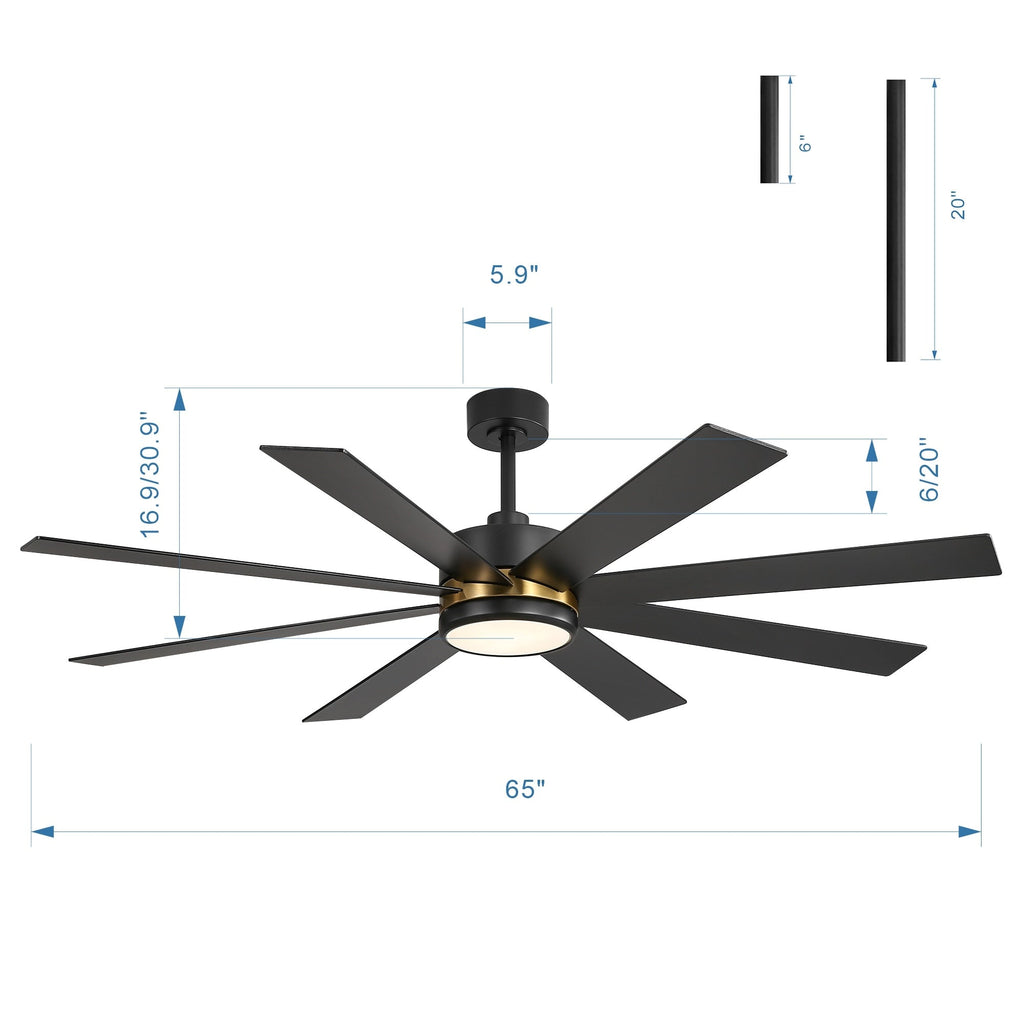 Ventilatore da soffitto a LED nero da 65 pollici a 8 pale con luce e telecomando
