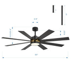 Ventilatore da soffitto a LED nero da 65 pollici a 8 pale con luce e telecomando