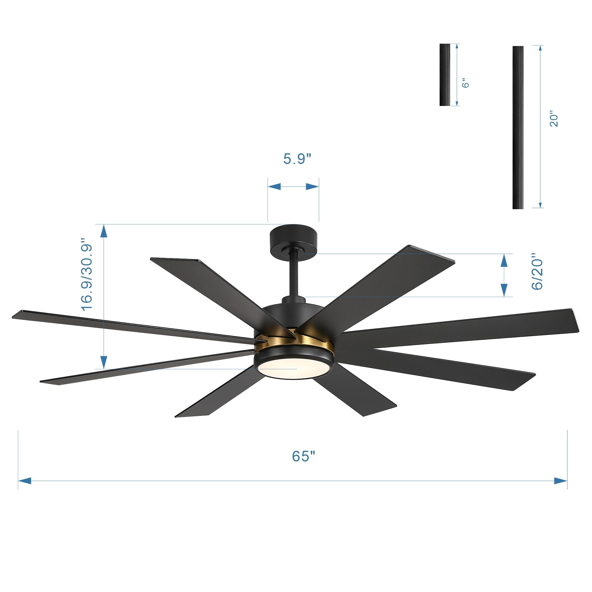 Ventilatore da soffitto a LED nero da 65 pollici a 8 pale con luce e telecomando