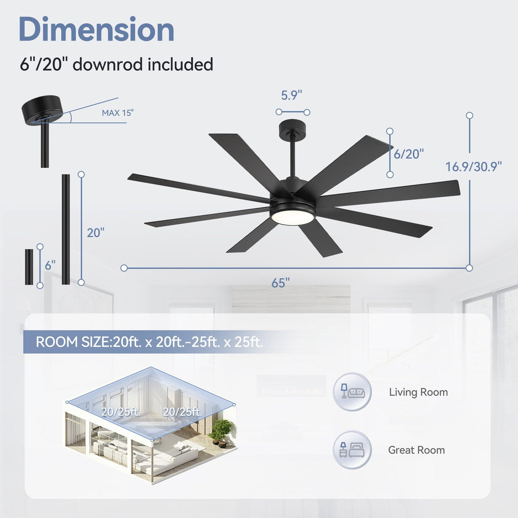 Ventilatore da soffitto a LED nero da 65 pollici a 8 pale con luce e telecomando