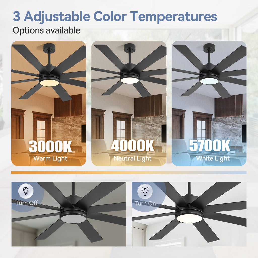 Ventilatore da soffitto a LED nero da 65 pollici a 8 pale con luce e telecomando