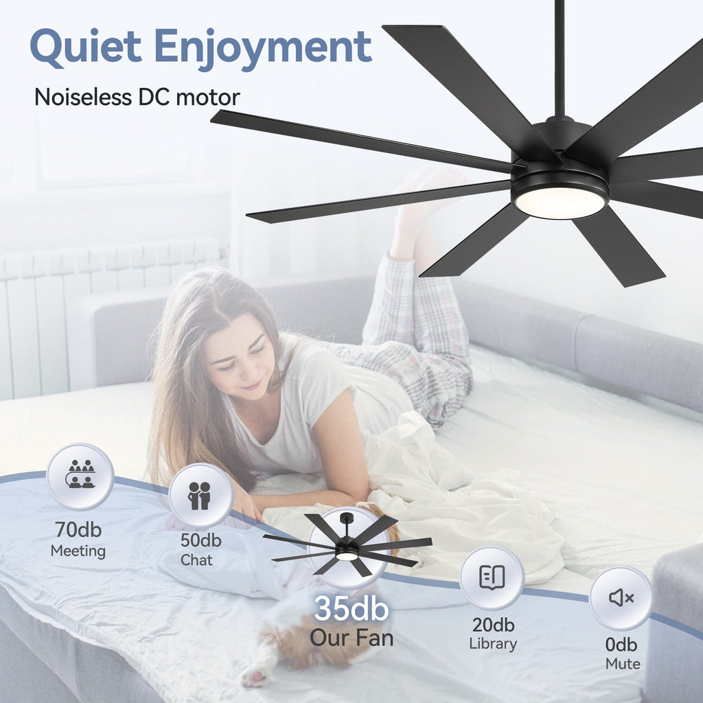 Ventilatore da soffitto a LED nero da 65 pollici a 8 pale con luce e telecomando