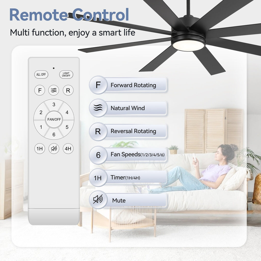 Ventilatore da soffitto a LED nero da 65 pollici a 8 pale con luce e telecomando