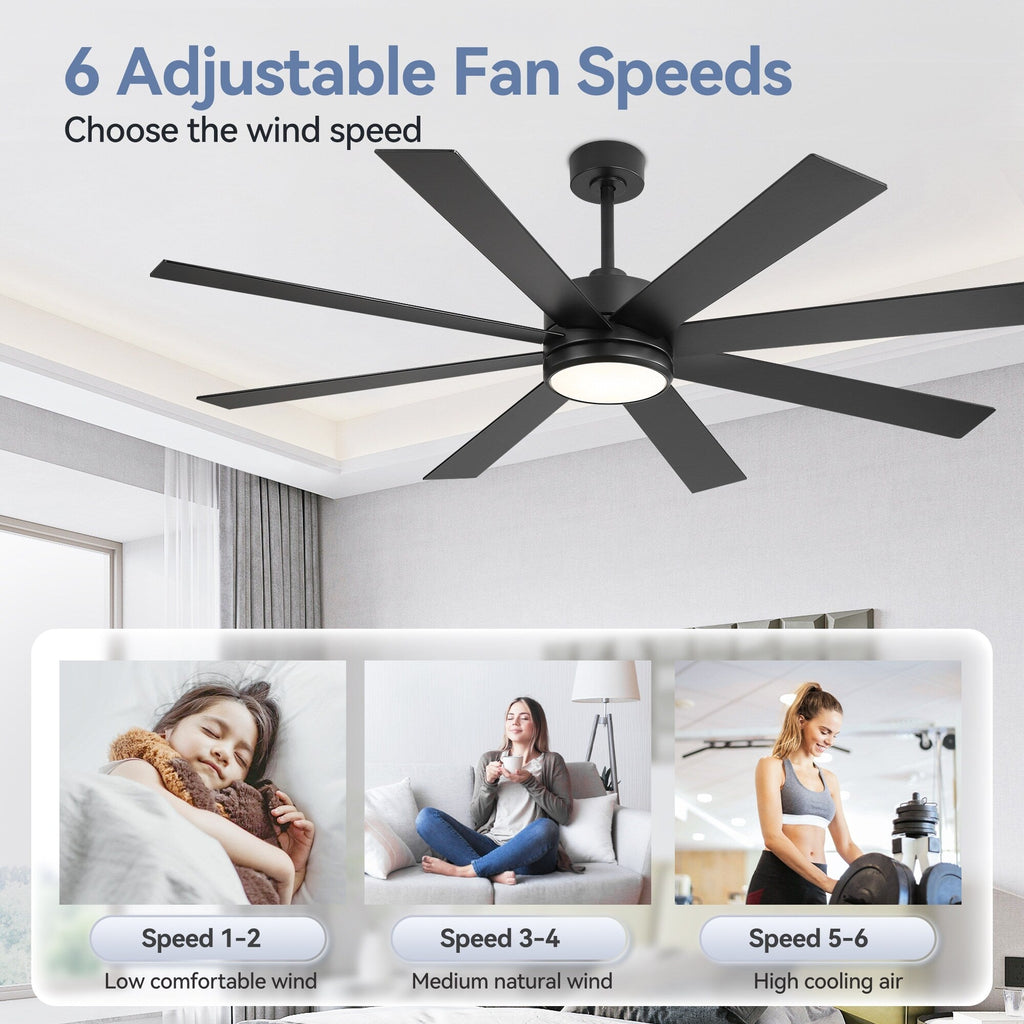Ventilatore da soffitto a LED nero da 65 pollici a 8 pale con luce e telecomando