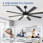 Ventilatore da soffitto a LED nero da 65 pollici a 8 pale con luce e telecomando
