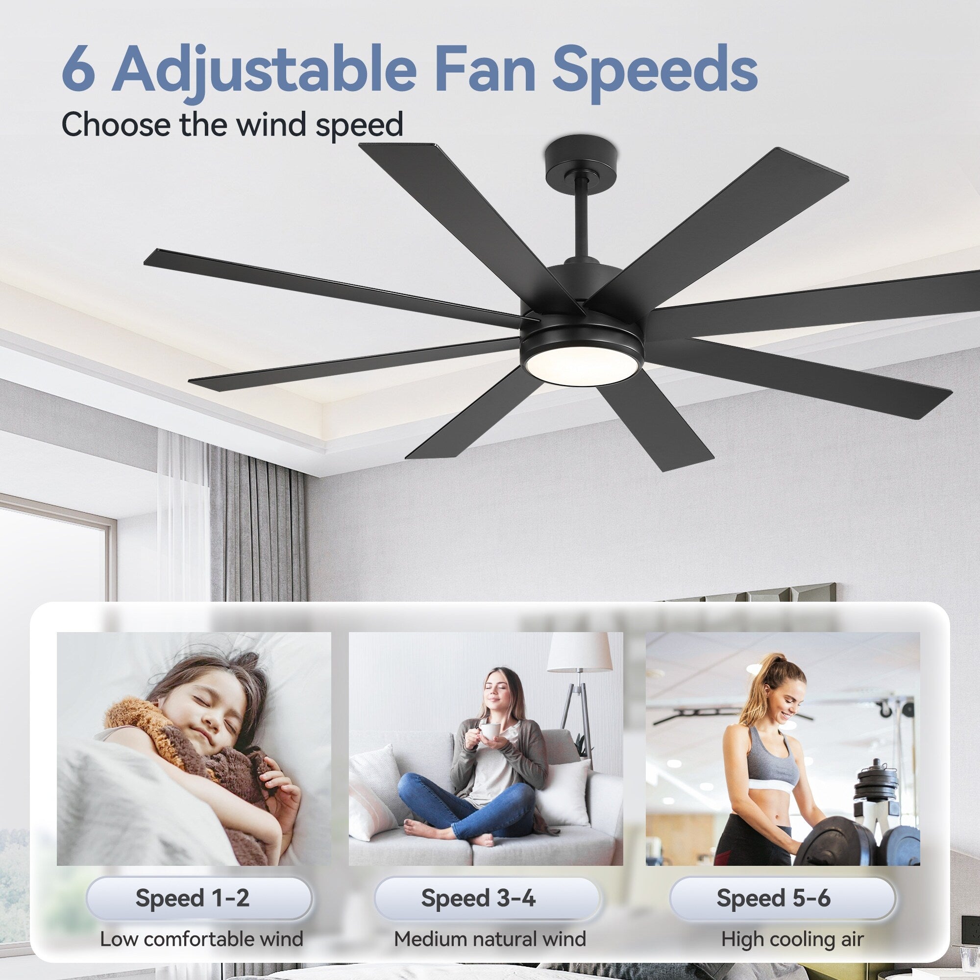 Ventilatore da soffitto a LED nero da 65 pollici a 8 pale con luce e telecomando