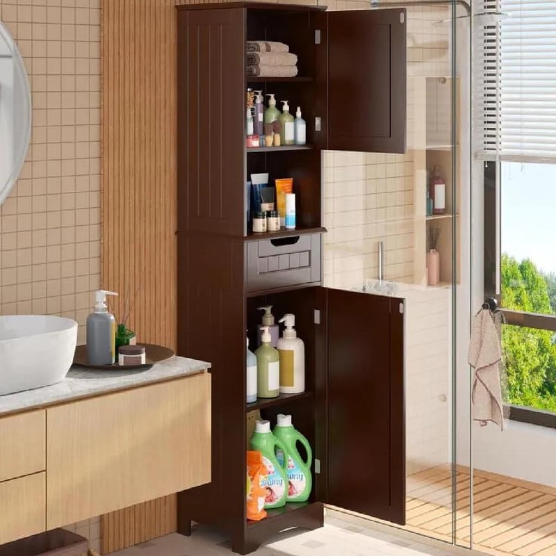 Mobiletto stretto per la biancheria da bagno alto 67'', mobiletto portaoggetti indipendente in legno massello a 5 ripiani