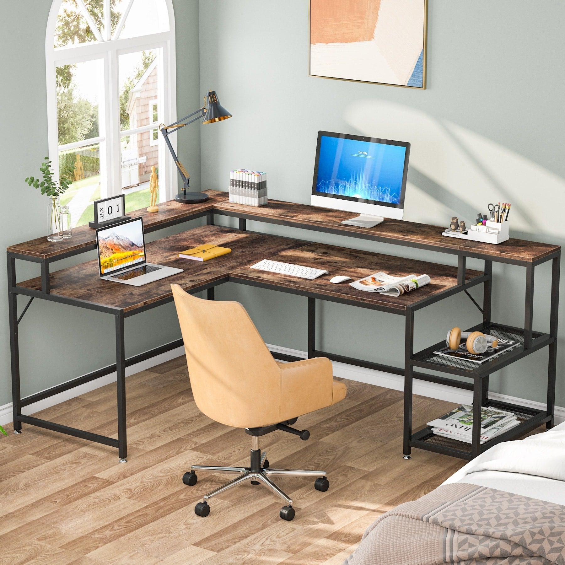 Scrivania a L con ripiano per monitor, scrivania angolare reversibile per computer per ufficio e casa 69