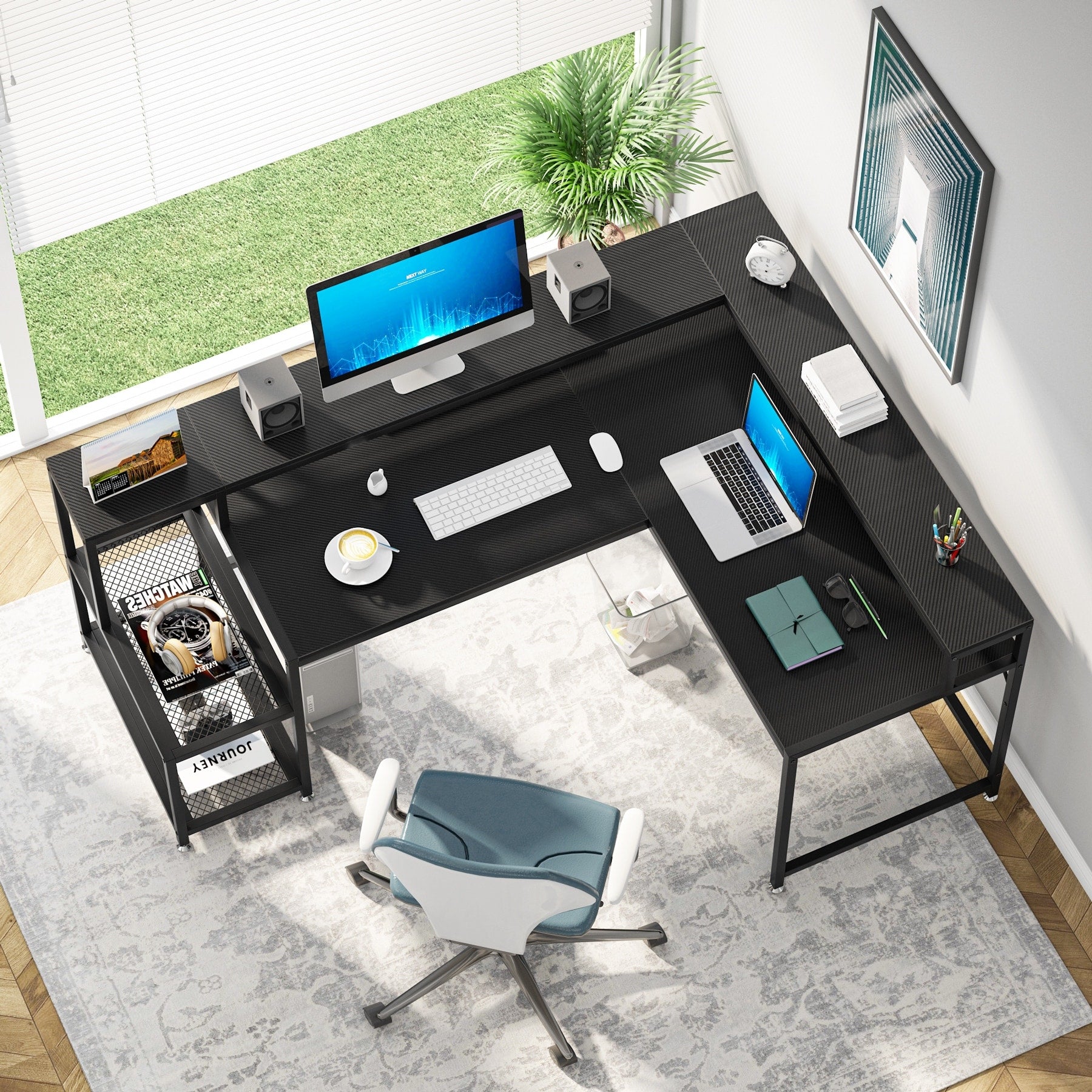 Scrivania a L con ripiano per monitor, scrivania angolare reversibile per computer per ufficio e casa 69