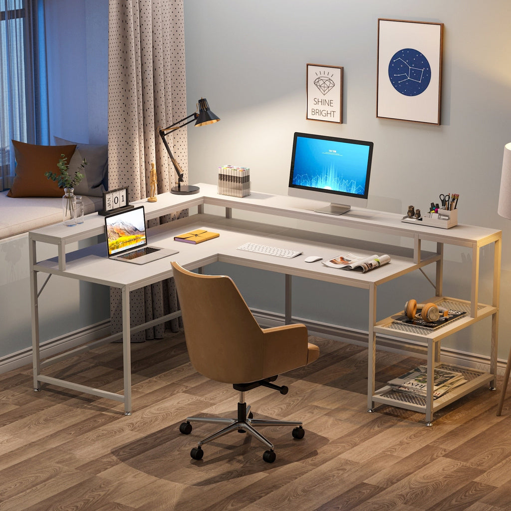 Scrivania a L con ripiano per monitor, scrivania angolare reversibile per computer per ufficio e casa 69